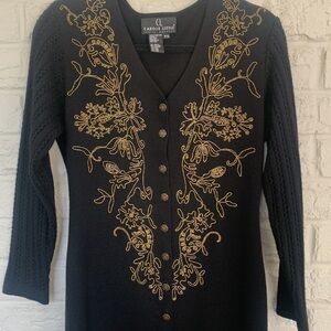 CAROLE Little Vintage Black with Gold Floral Embroidery Sweater Dress